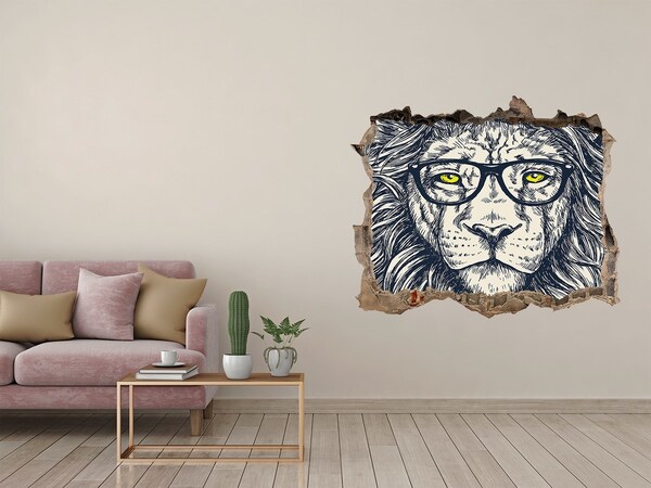 Sticker mural effet trou Lion avec des lunettes