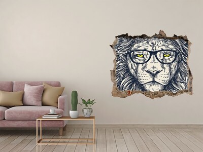 Sticker mural effet trou Lion avec des lunettes