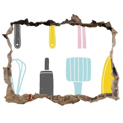 Autocollant à effet 3d trou Des ustensiles de cuisine dans un trou dans le mur