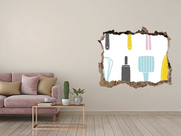 Autocollant à effet 3d trou Des ustensiles de cuisine dans un trou dans le mur