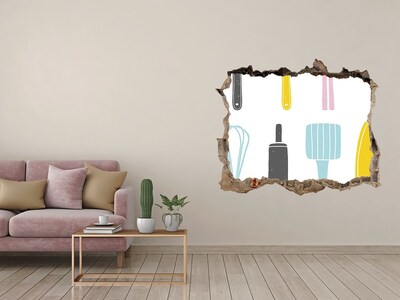 Autocollant à effet 3d trou Des ustensiles de cuisine dans un trou dans le mur