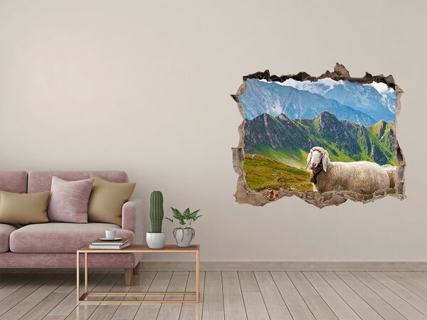 Sticker mural effet trou prairie de montagne avec des moutons