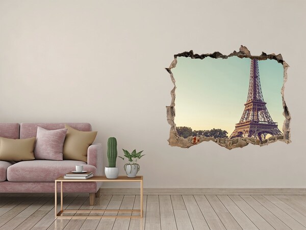 Sticker mural effet trou La tour Eiffel au coucher du soleil
