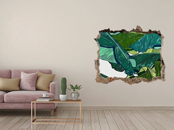 Sticker mural effet trou jardin tropical avec des feuilles de bananier