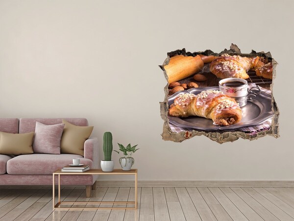 Sticker mural effet trou De délicieux croissants avec du café