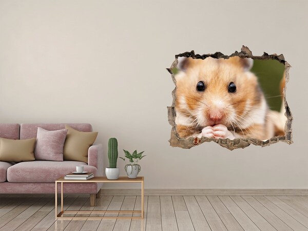 Sticker mural effet trou Hamster dans un trou transparent dans le mur