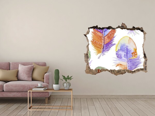 Autocollant à effet 3d trou Plumes colorées sur fond de mur