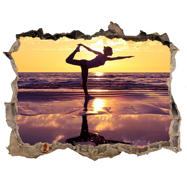 Sticker mural effet trou Yoga sur la plage au coucher du soleil