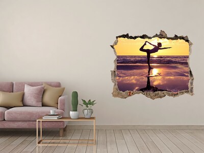 Sticker mural effet trou Yoga sur la plage au coucher du soleil