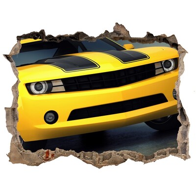 Autocollant à effet 3d trou Un mur en ruine avec une voiture jaune