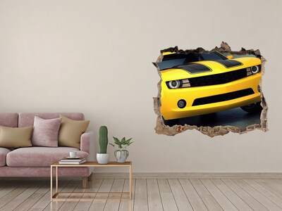 Autocollant à effet 3d trou Un mur en ruine avec une voiture jaune