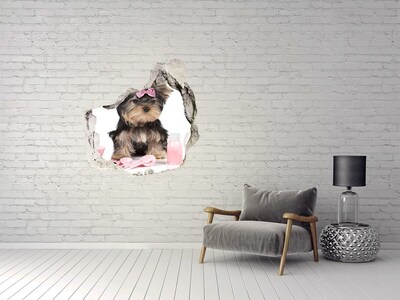 Sticker trou dans le mur Un adorable Yorkshire Terrier avec un nœud rose