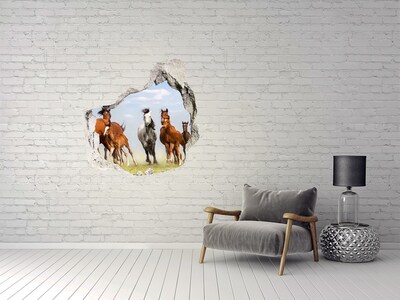 Sticker mural effet trou Chevaux au galop dans le pré