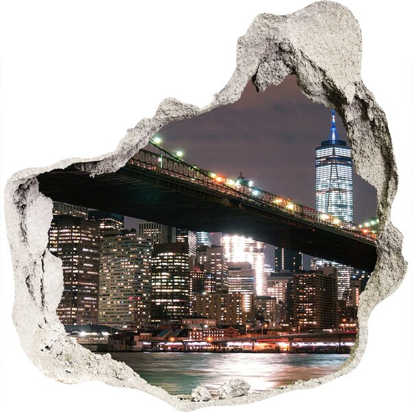 Sticker mural effet trou Le pont de Brooklyn la nuit