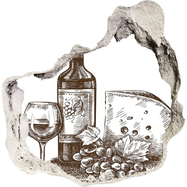 Autocollant à effet 3d trou Du vin et du fromage devant un mur abîmé.