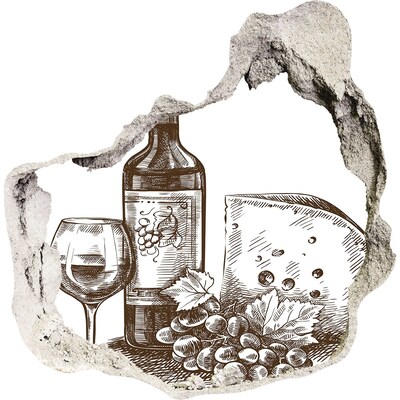Autocollant à effet 3d trou Du vin et du fromage devant un mur abîmé.