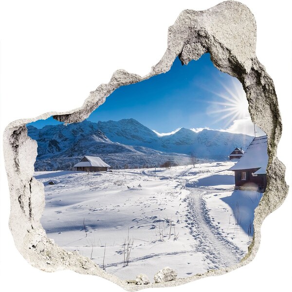 Sticker mural effet trou paysage de montagne hivernal