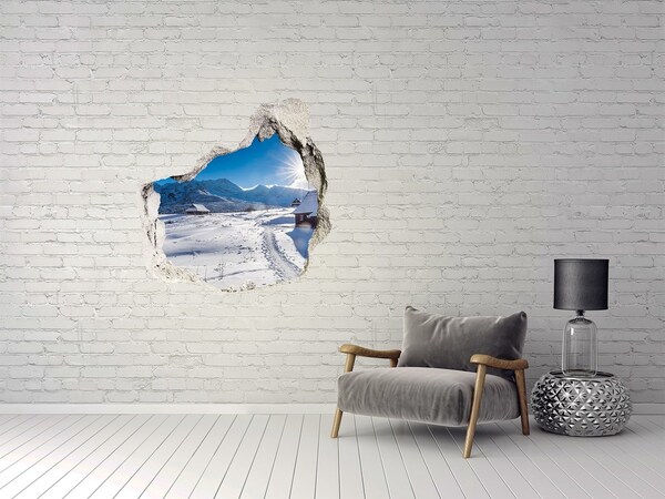 Sticker mural effet trou paysage de montagne hivernal