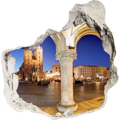 Autocollant à effet 3d trou La place du marché principal de Cracovie la nuit