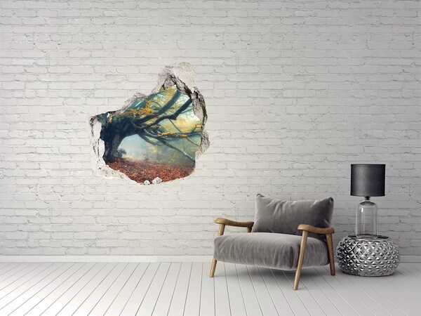 Sticker mural effet trou La forêt enchantée dans son manteau d'automne