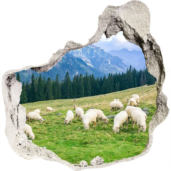 Autocollant à effet 3d trou Paysage de montagne avec des moutons