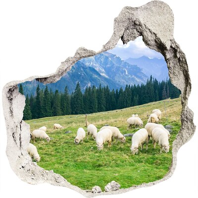 Autocollant à effet 3d trou Paysage de montagne avec des moutons