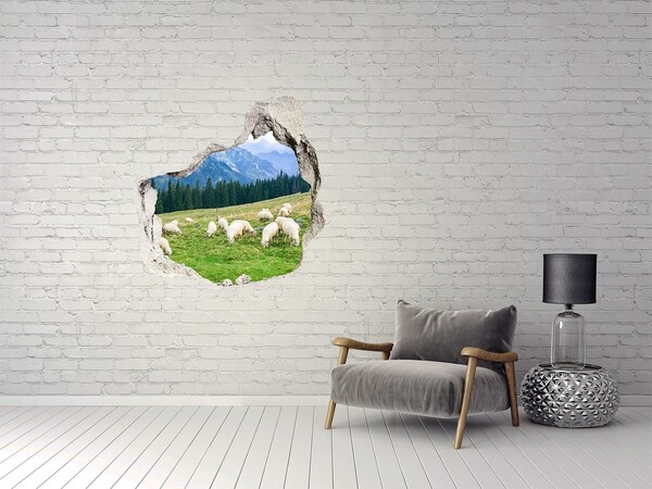 Autocollant à effet 3d trou Paysage de montagne avec des moutons