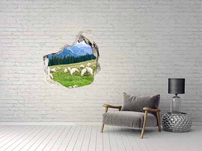 Autocollant à effet 3d trou Paysage de montagne avec des moutons
