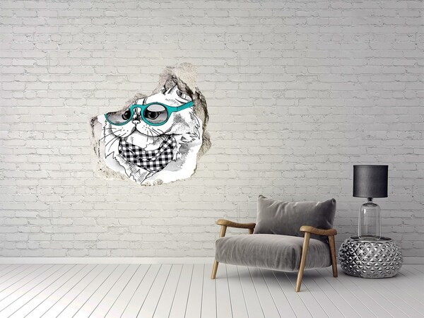 Autocollant à effet 3d trou Chat stylé avec des lunettes