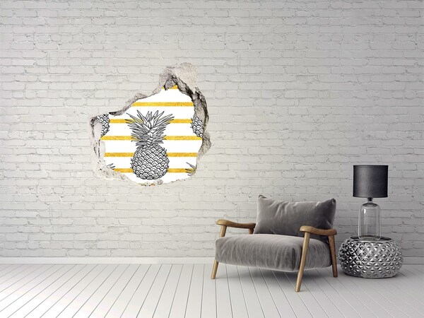Sticker mural effet trou Ananas sur fond de rayures dorées