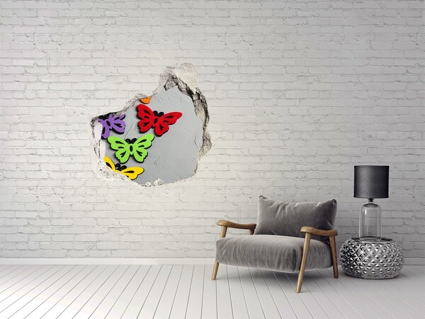 Autocollant à effet 3d trou Des papillons colorés dans un trou dans le mur