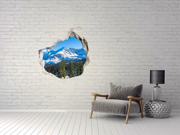 Sticker mural effet trou paysage de montagne hivernal