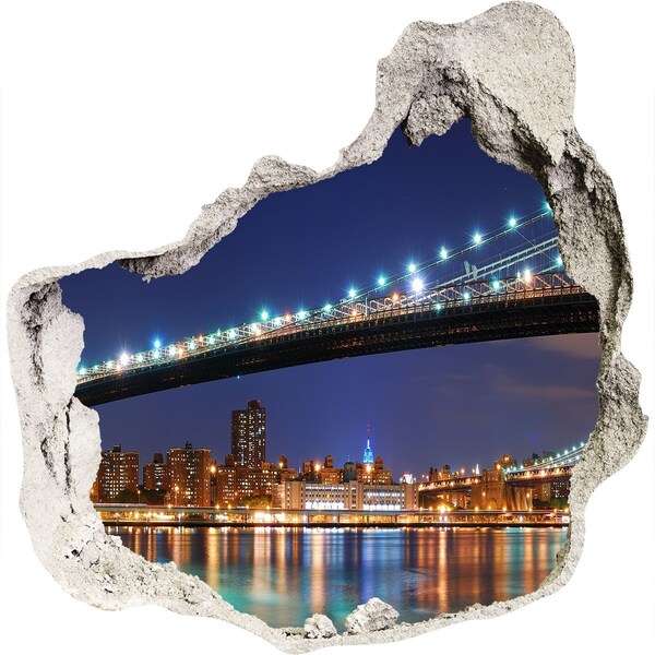 Sticker mural effet trou Le pont de Brooklyn la nuit