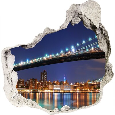 Sticker mural effet trou Le pont de Brooklyn la nuit