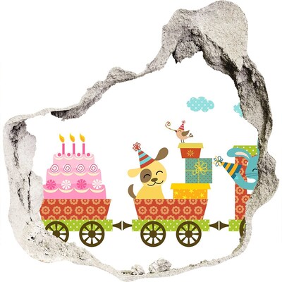 Sticker mural effet trou Train rempli de cadeaux et de gâteau d'anniversaire