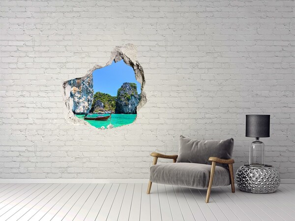 Sticker mural effet trou Baie des Caraïbes avec un bateau