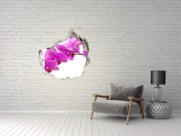 Autocollant à effet 3d trou Des orchidées à travers un trou dans le mur