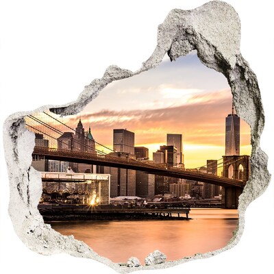 Sticker mural effet trou Le pont de Brooklyn au coucher du soleil