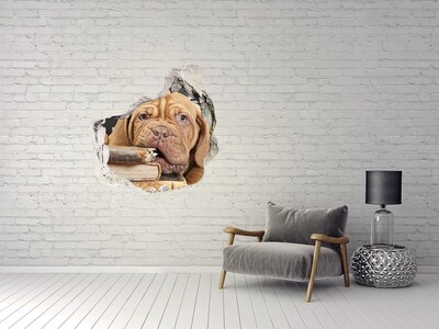 Autocollant à effet 3d trou Un adorable chiot parmi les livres