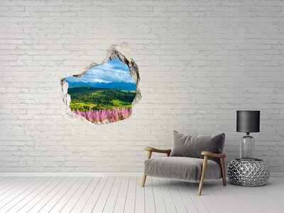 Sticker mural effet trou Paysage de montagne avec des fleurs