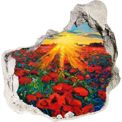 Sticker mural effet trou prairie fleurie au soleil