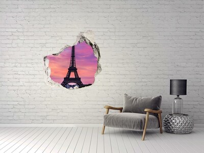 Sticker mural effet trou La tour Eiffel au coucher du soleil