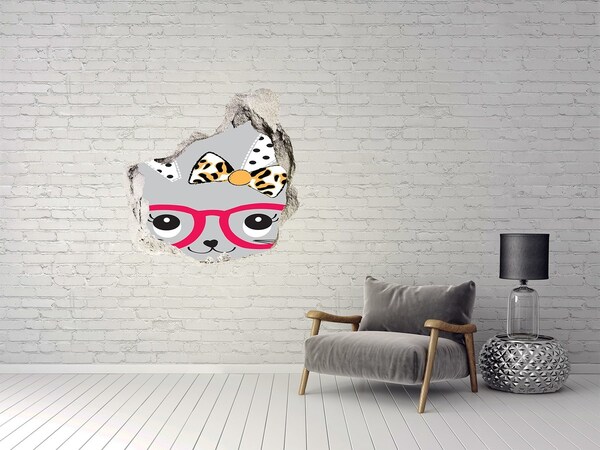 Sticker mural effet trou Chaton avec des lunettes