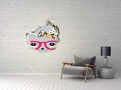 Sticker mural effet trou Chaton avec des lunettes