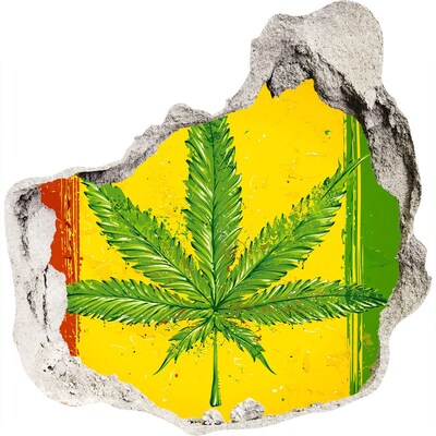 Sticker trou dans le mur Feuille de cannabis verte sur fond jaune-rouge-vert