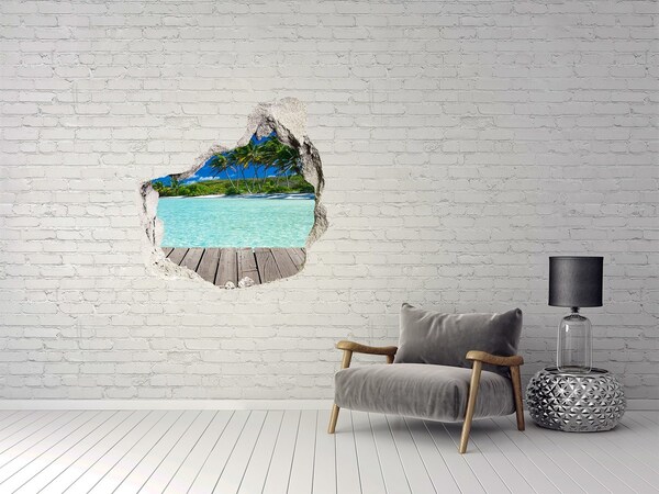 Sticker mural effet trou oasis tropicale en bord de mer
