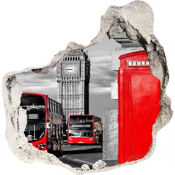 Autocollant mural trou L'horizon londonien avec ses bus rouges
