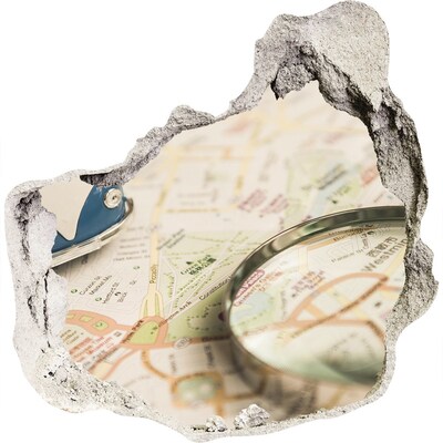 Autocollant mural trou Carte avec loupe dans un trou dans le mur