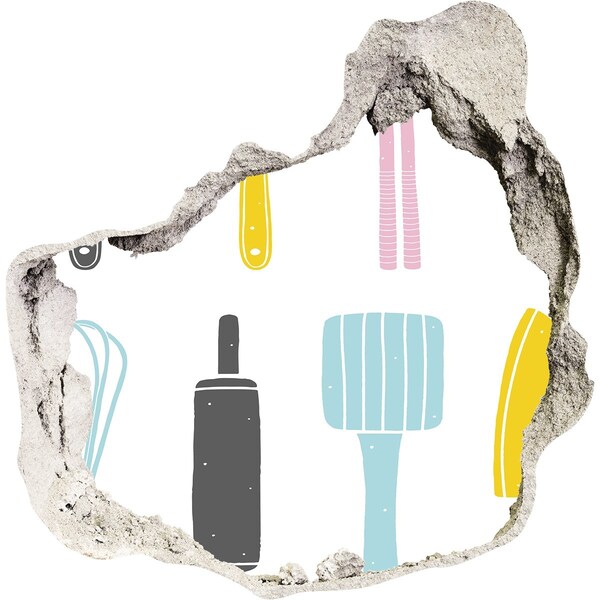 Autocollant à effet 3d trou Des ustensiles de cuisine dans un trou dans le mur