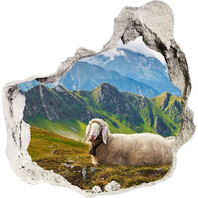 Sticker mural effet trou prairie de montagne avec des moutons
